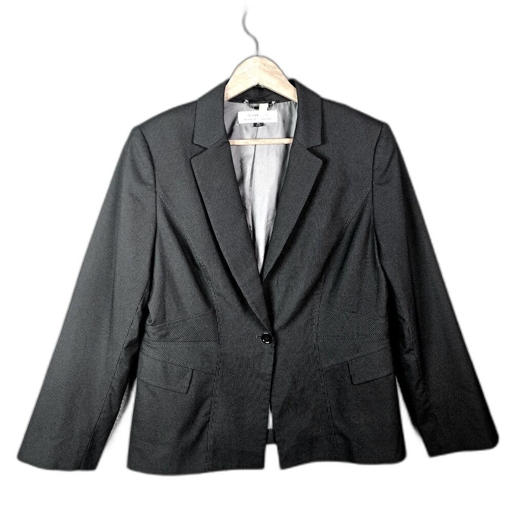 Tahari ASL Blazer Black Gray Pinstripe 12P Structured Career Petite